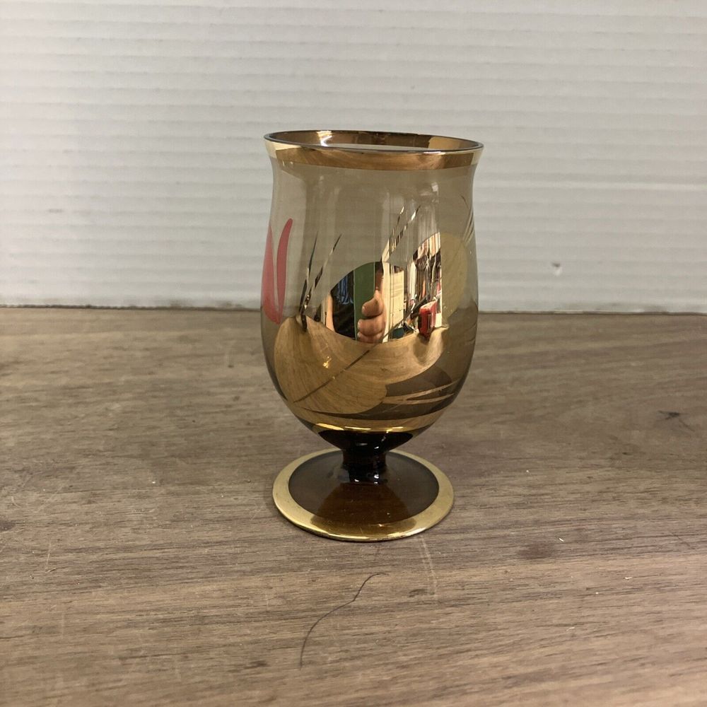 Mid Century Modern Smoke Gold Rim Cordial Juice Glass Floral Leaf Painted‎ M11